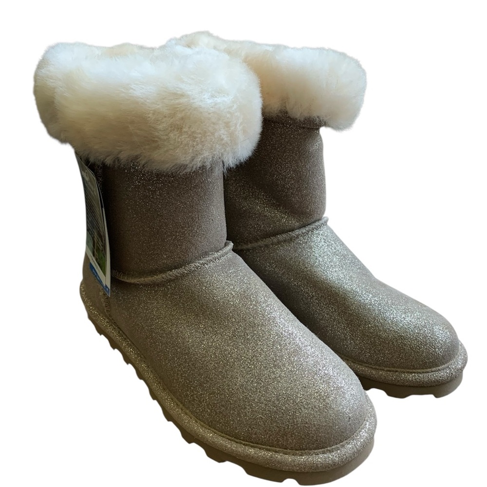 BearPaw Glittery Gold Boots with Cream Fur - Waterproof, Stain Resistant - NWT